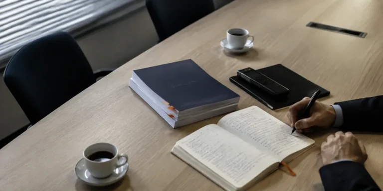 Salle de réunion : carnet de notes, comptes rendus reliés et enregistreur posés sur la table